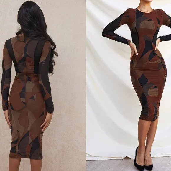 House of CB 'Cassidy' Brown Mesh Printed Long Sleeve Midi Dress NWOT - Picture 10 of 16